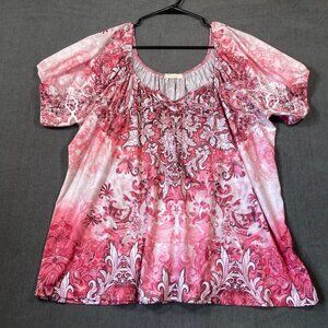G Collection Pink & White Floral Short Sleeve Blouse Loose Fit Womens Size XXL